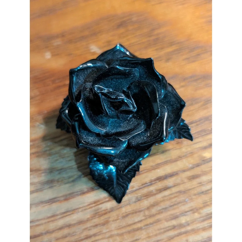 Vintage Black Rose Brooch Glossy Floral Pin Gothic Victorian Style 2.25 Inch